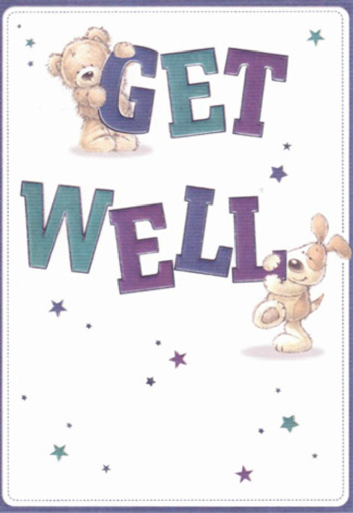 Suffused with warmth and optimism, this illustrated get well card is a celebration of kindness and gentle encouragement, evoking the welcoming charm of Ardleigh Green's high street florists. The scene features a cuddly bear, drawn with rich, golden hues and a soft, plush texture, perched firmly atop a confident 'GET' rendered in vibrant purples and teals. Their whimsical companion, a joyful puppy with velvety ears, nestles into the strong 'WELL' just below, both figures radiating affection and playfulness. Starbursts in varying shades of blue and violet drift across the crisp white background like scattered wishes, echoing the gentle hum of life near Emerson Park. The artwork has an almost touchable quality-each furry detail inviting the viewer to imagine the comfort of a child's favourite toy, the joy of a new bouquet from Ardleigh Green Flowers. The generous, hand-lettered typography leaps forward like a message sung by a friend, while the clean, open design leaves space for hope and healing. Crafted with care, this card brings to mind the way local florists combine blooms and colours to convey encouragement-every little detail deliberately chosen to restore a sense of wellbeing. It's a heartfelt gesture of support, ideal for uplifting spirits within the Ardleigh Green community.